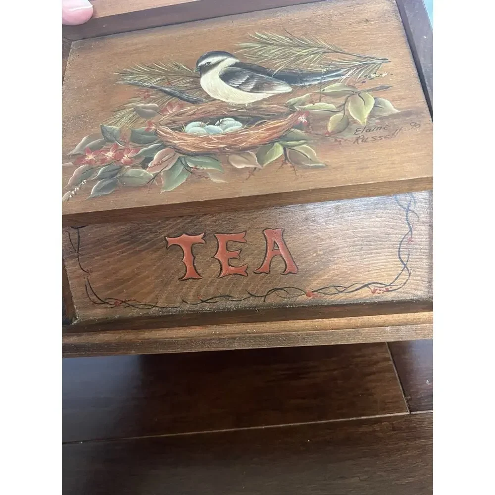 Vtg 1989 Signed Wood Tea Chest Drop Front Box Cottagecore Country Farmhouse Art